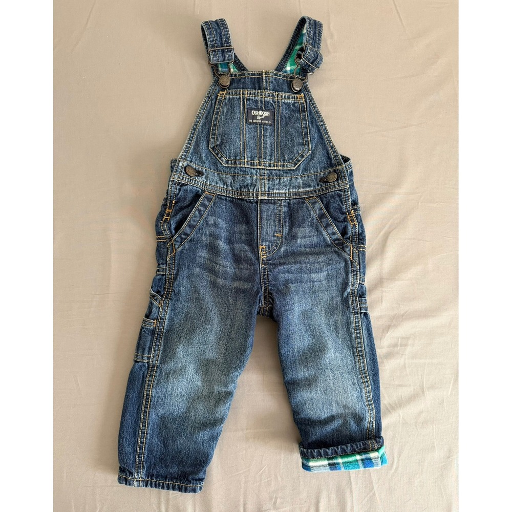 OshKosh Bgosh Toddler Boys Flannel Lined Denim Overalls Blue Green Plaid 18M
